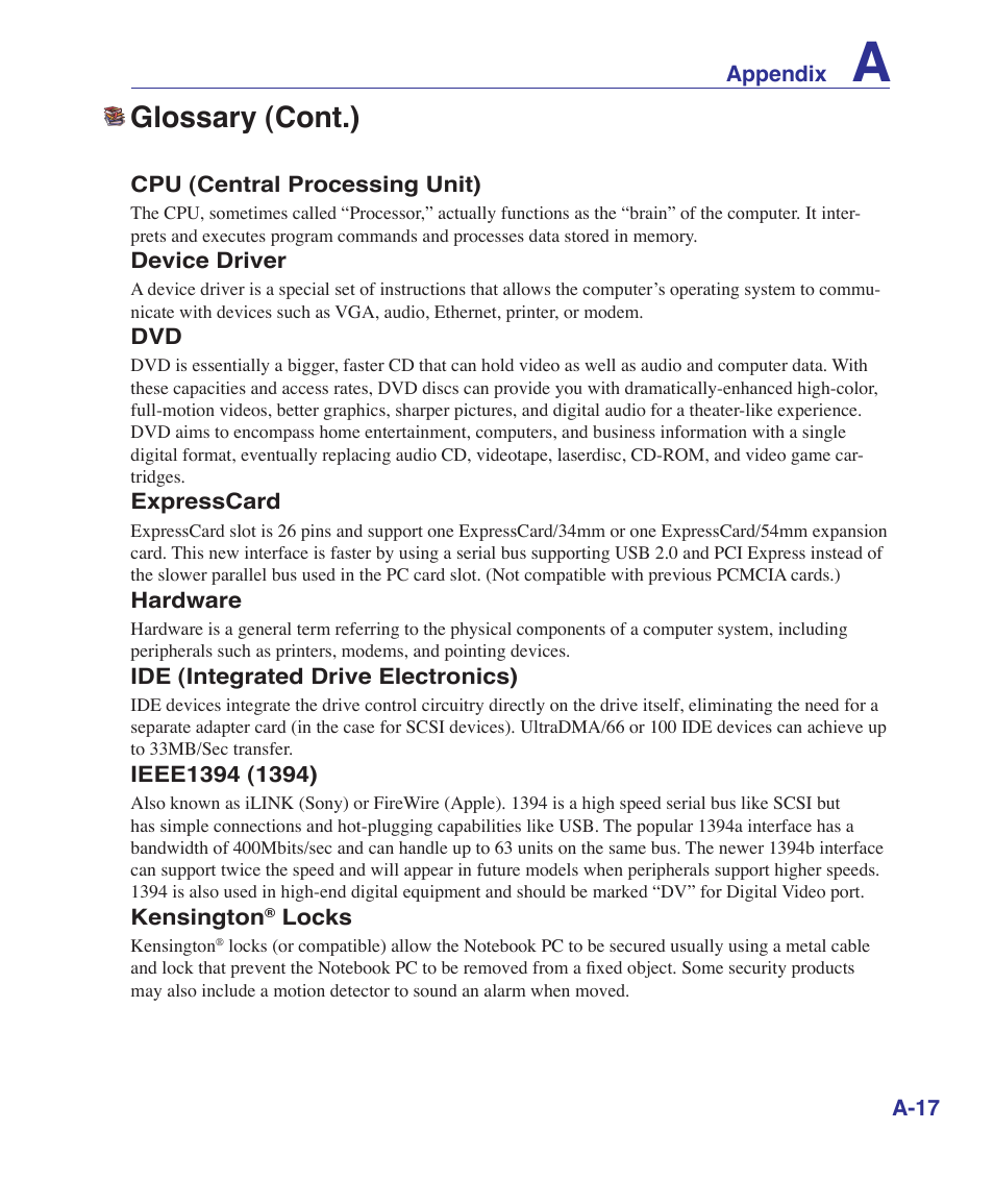 Glossary (cont.) | Asus UL50Vg User Manual | Page 69 / 82