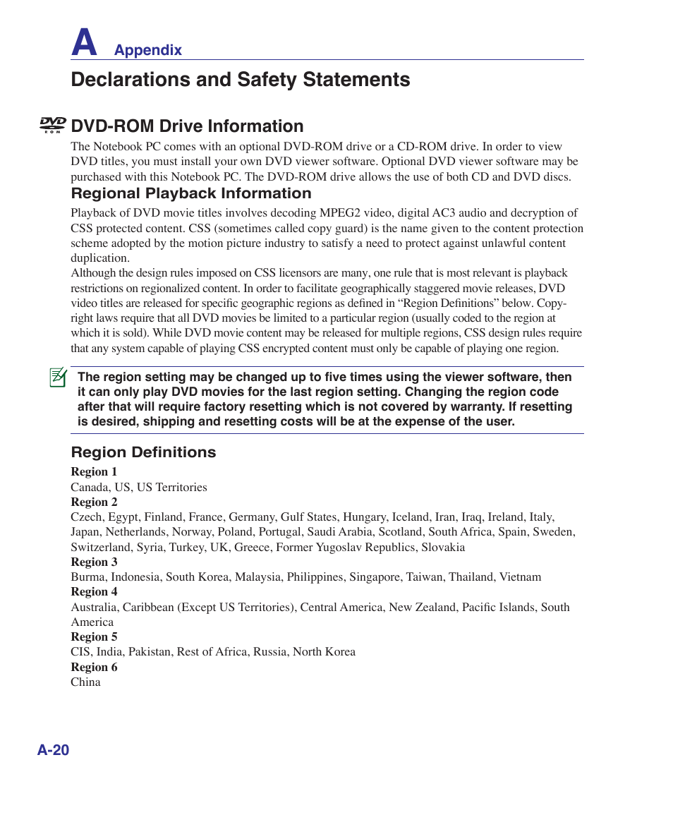 Declarations and safety statements, Dvd-rom drive information | Asus UL50Vg User Manual | Page 72 / 82