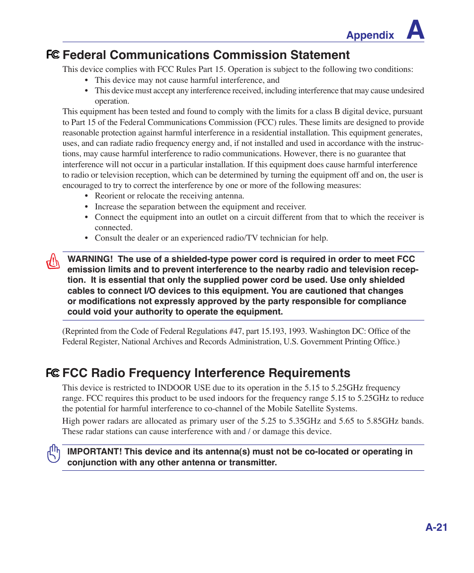 Federal communications commission statement, Fcc radio frequency interference requirements | Asus UL50Vg User Manual | Page 73 / 82