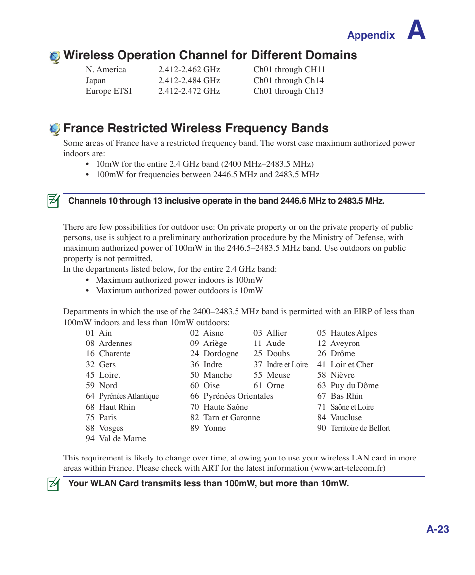 France restricted wireless frequency bands, Wireless operation channel for different domains | Asus UL50Vg User Manual | Page 75 / 82