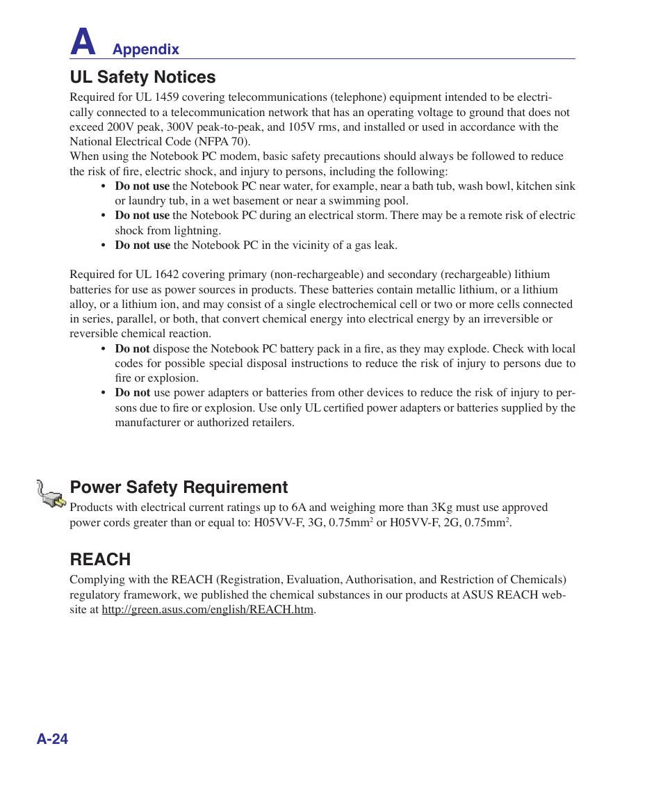 Ul safety notices, Power safety requirement, Reach | Asus UL50Vg User Manual | Page 76 / 82