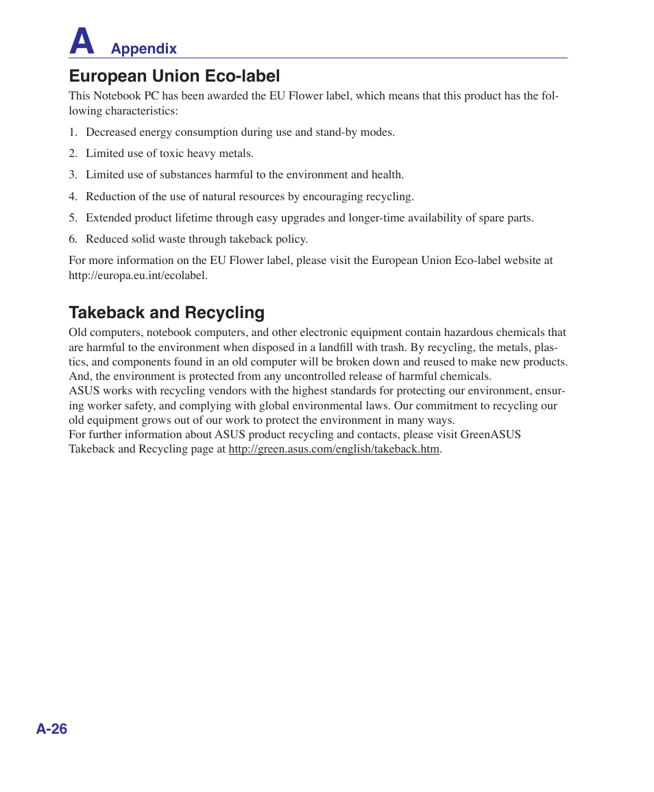 European union eco-label, Takeback and recycling | Asus UL50Vg User Manual | Page 78 / 82