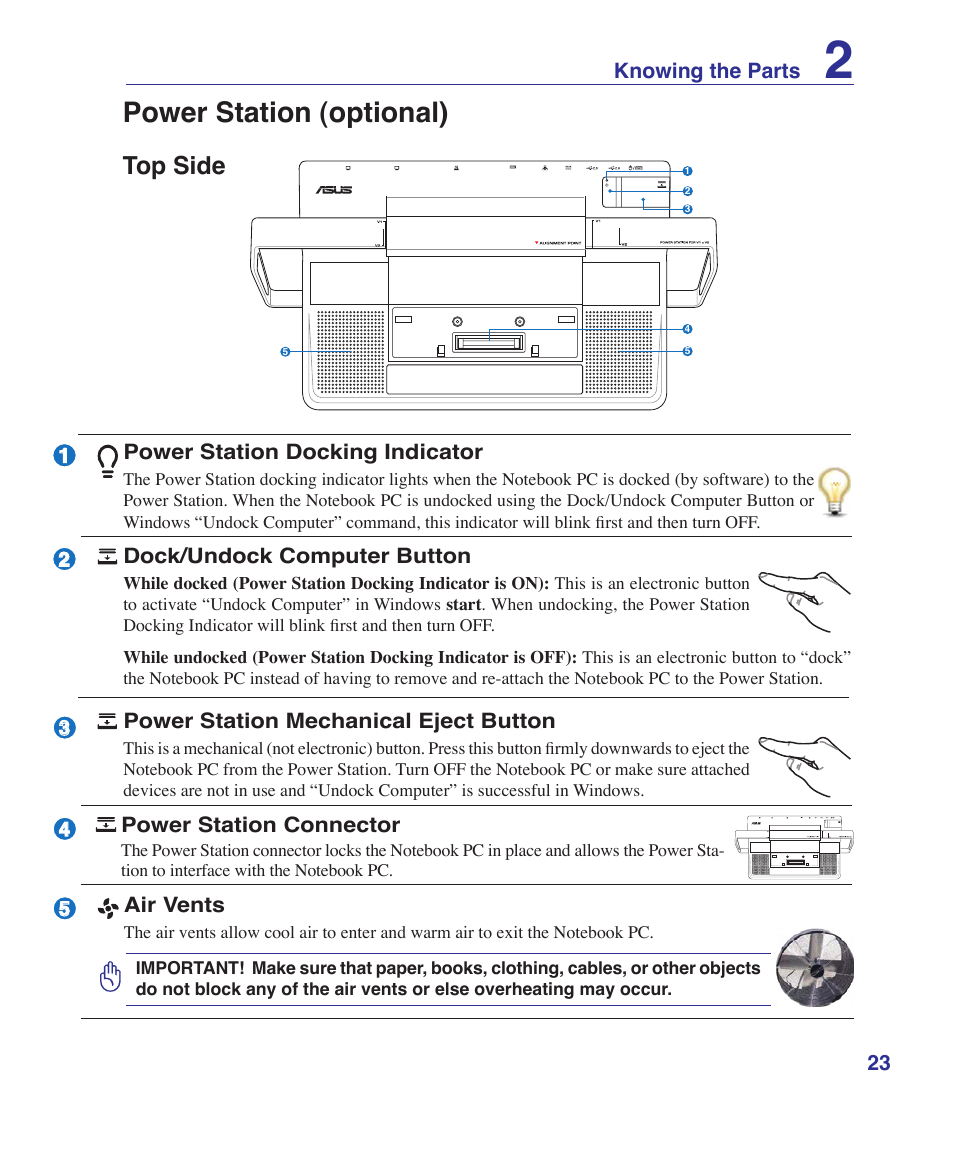 Power station (optional), Top side | Asus V2S User Manual | Page 23 / 97