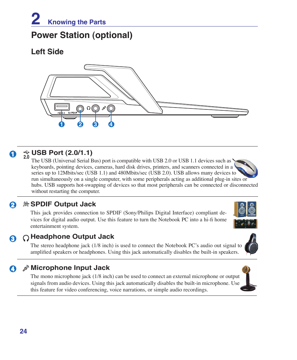 Power station (optional), Left side | Asus V2S User Manual | Page 24 / 97