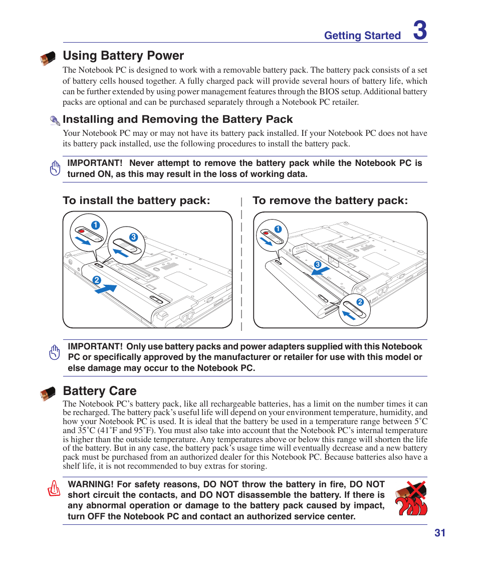 Using battery power, Battery care | Asus V2S User Manual | Page 31 / 97