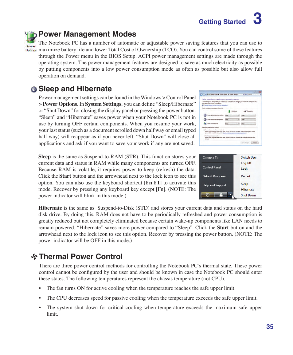 Power management modes, Sleep and hibernate, Thermal power control | Asus V2S User Manual | Page 35 / 97