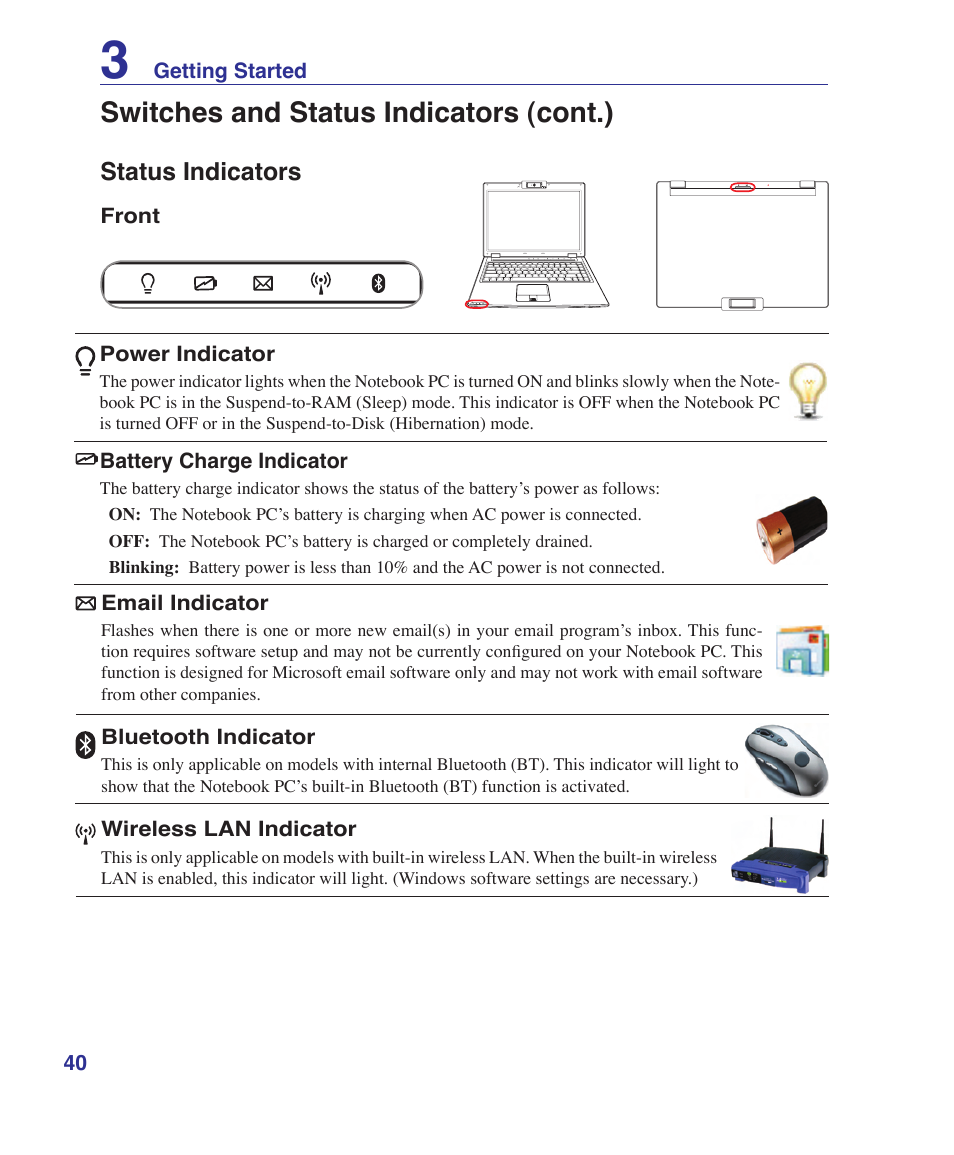 Status indicators, Switches and status indicators (cont.) | Asus V2S User Manual | Page 40 / 97