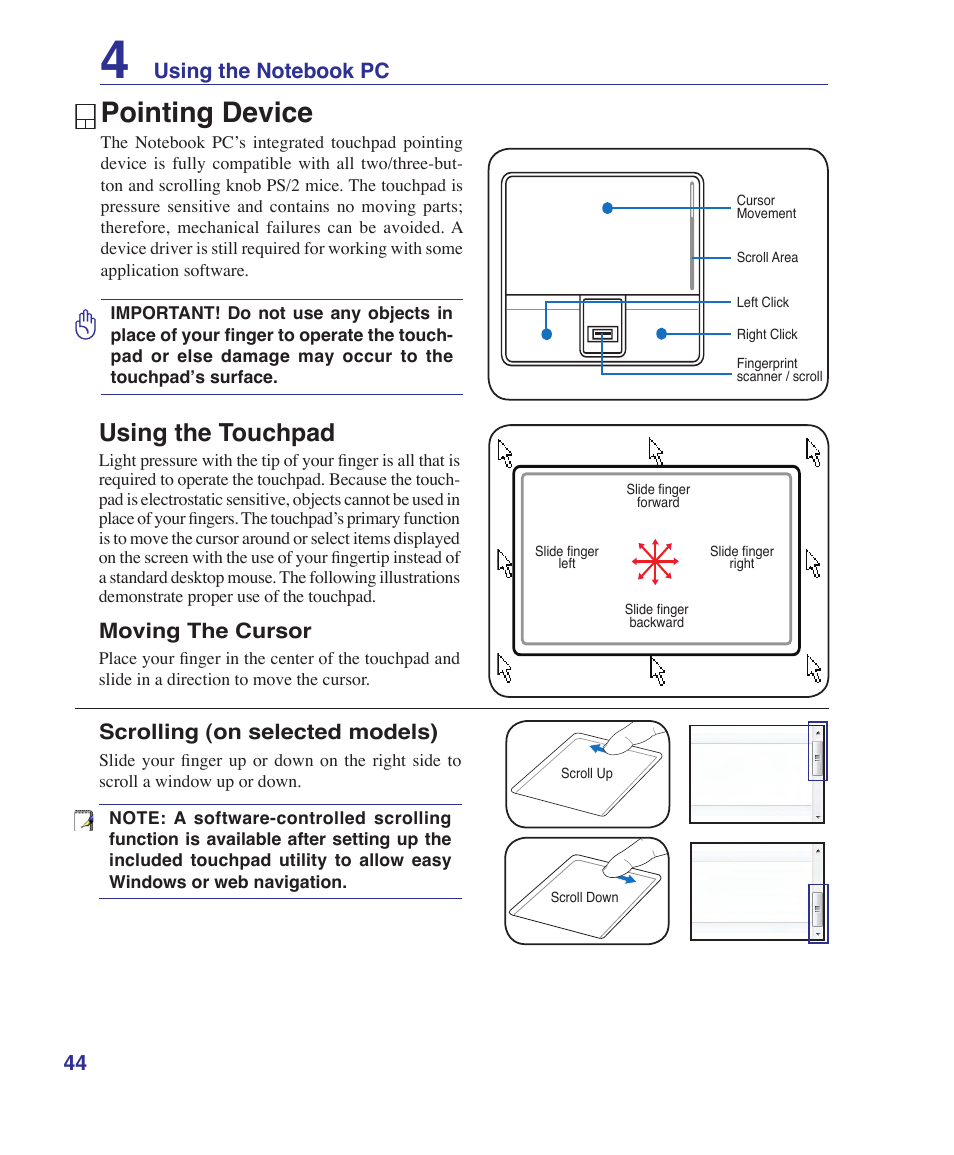 Pointing device, Using the touchpad | Asus V2S User Manual | Page 44 / 97