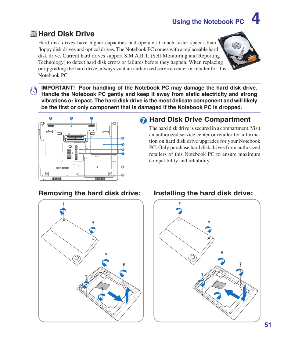 Hard disk drive, Hard disk drive compartment | Asus V2S User Manual | Page 51 / 97