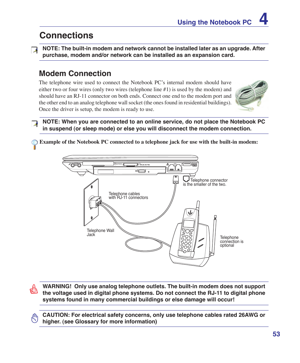 Connections, Modem connection | Asus V2S User Manual | Page 53 / 97