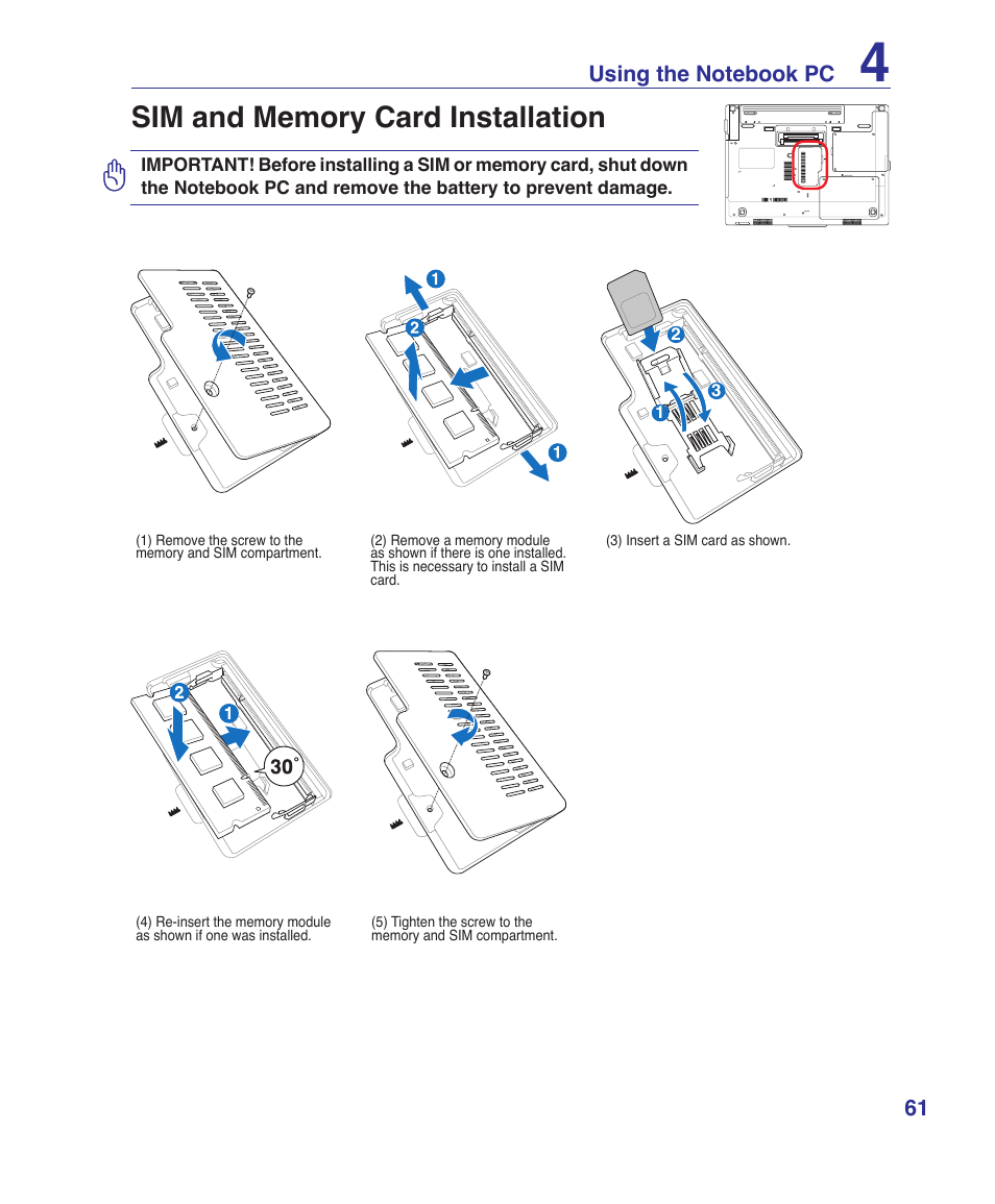 Sim and memory card installation | Asus V2S User Manual | Page 61 / 97