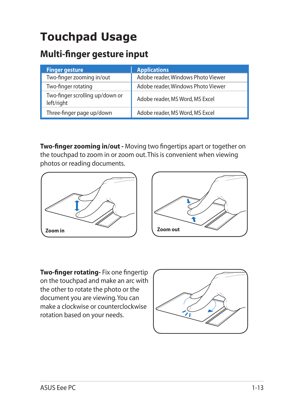 Touchpad usage, Multi-finger gesture input, Touchpad usage -12 | Multi-finger gesture input -12 | Asus Eee PC T101MT User Manual | Page 21 / 68