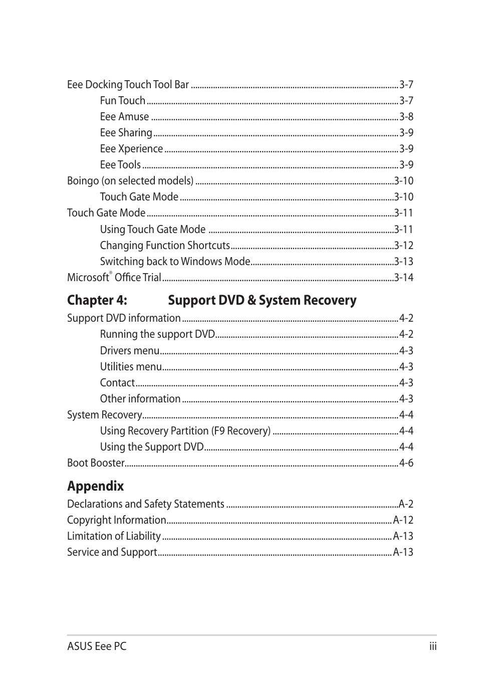 Chapter 4: support dvd & system recovery, Appendix | Asus Eee PC T101MT User Manual | Page 3 / 68