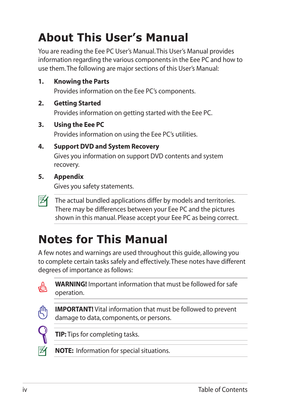 About this user’s manual, Notes for this manual | Asus Eee PC T101MT User Manual | Page 4 / 68