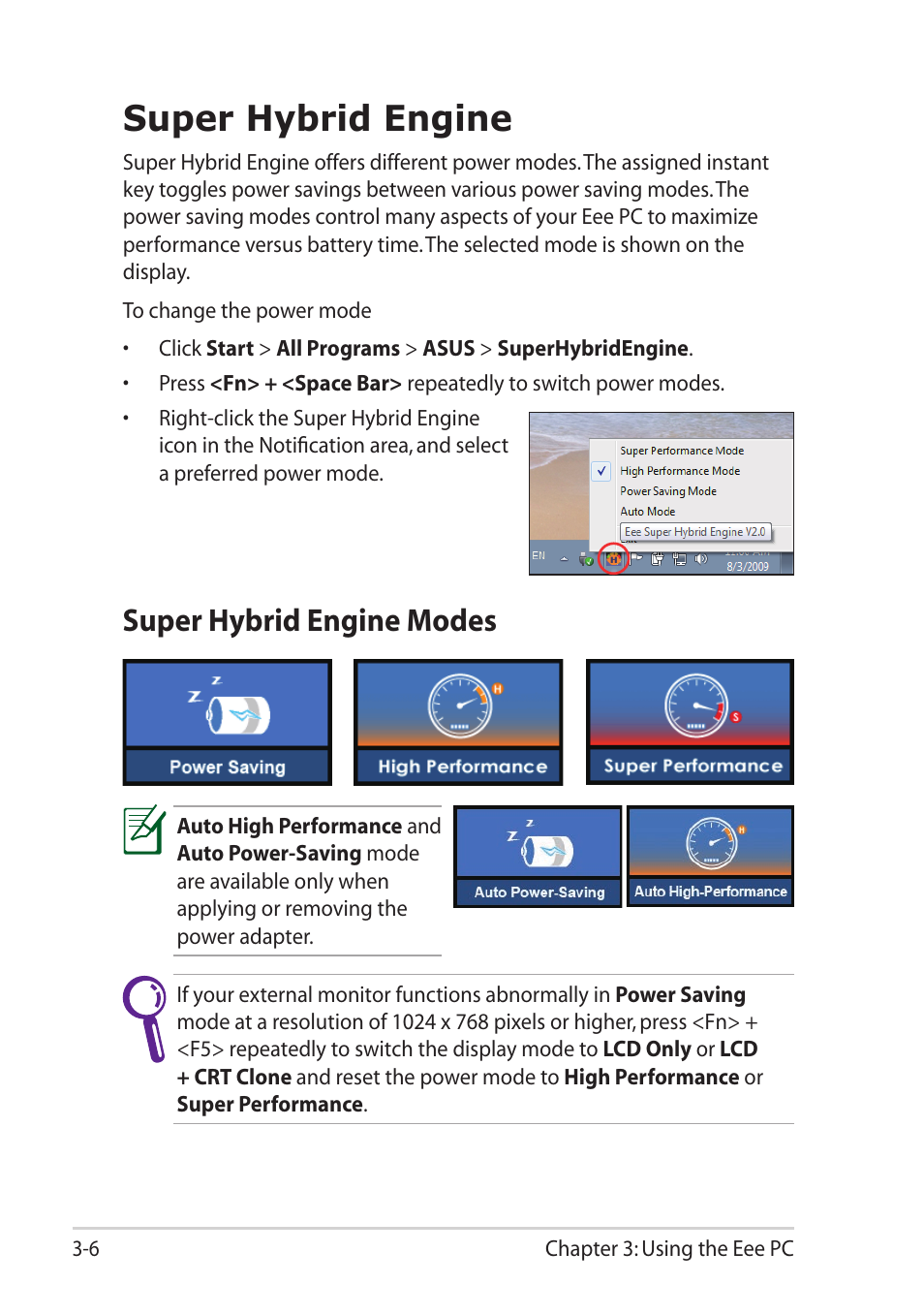 Super hybrid engine, Super hybrid engine modes, Super hybrid engine -6 | Super hybrid engine modes -6 | Asus Eee PC T101MT User Manual | Page 40 / 68