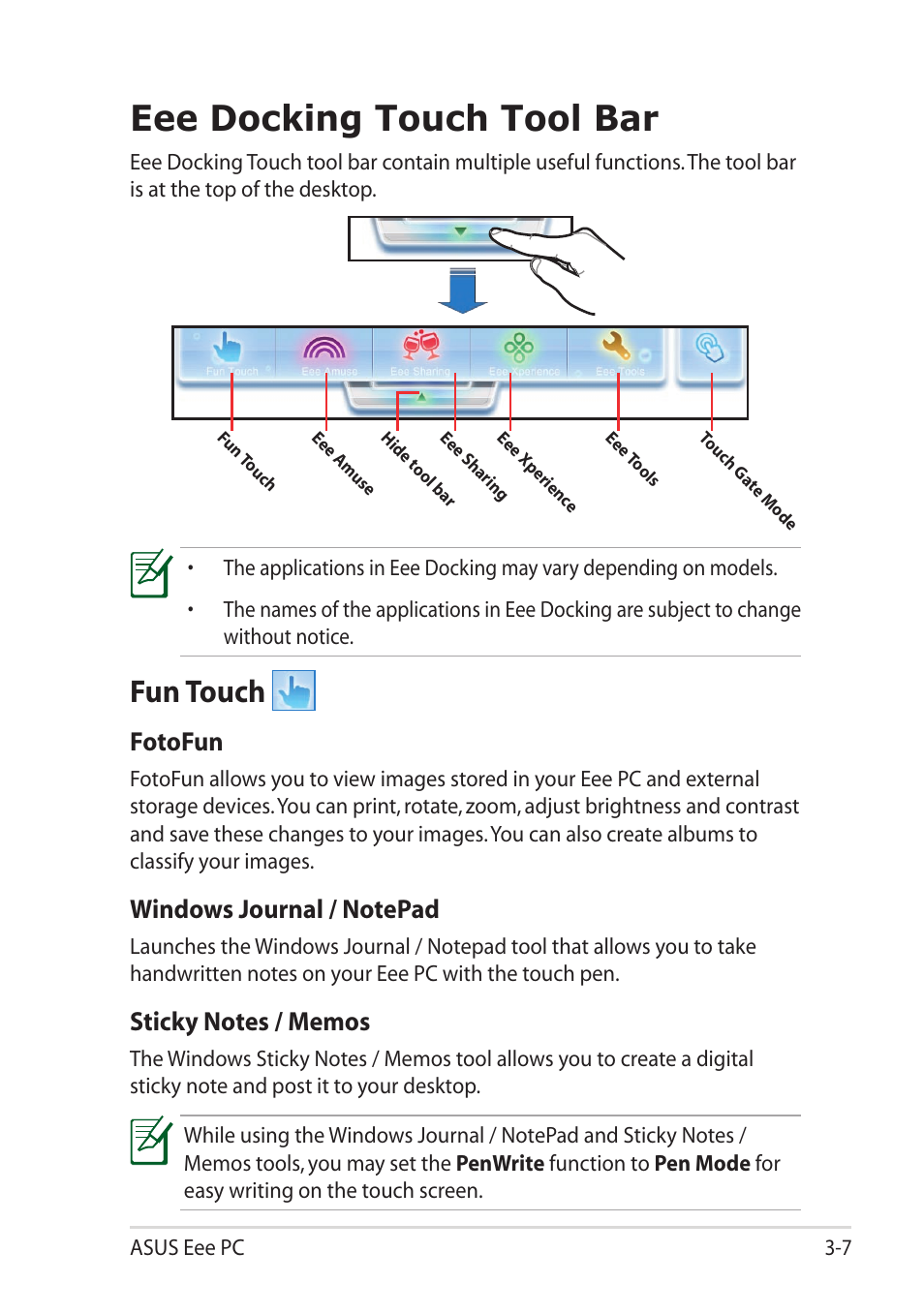 Eee docking touch tool bar, Fun touch, Eee docking touch tool bar -7 | Fun touch -7, Fotofun | Asus Eee PC T101MT User Manual | Page 41 / 68