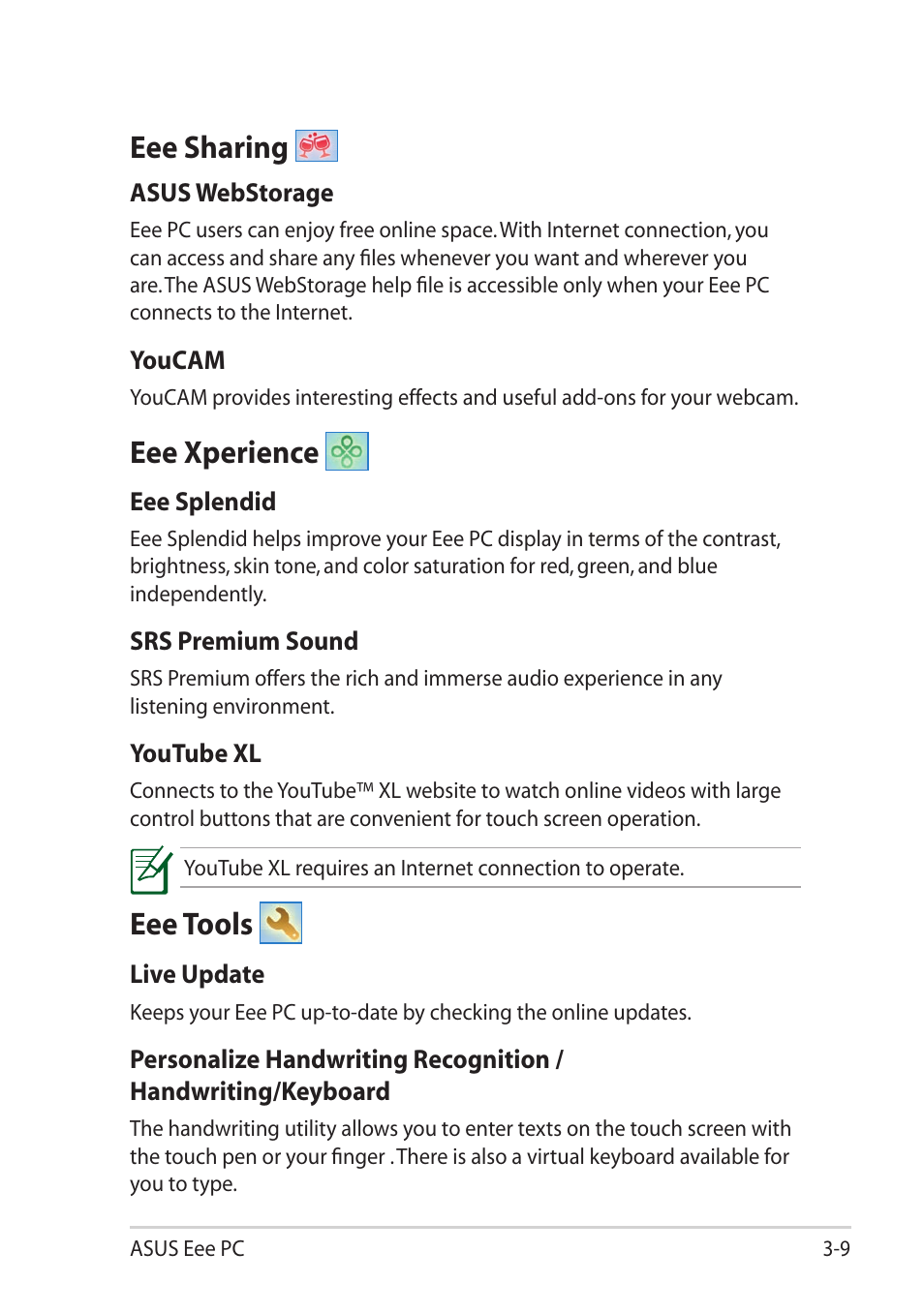 Eee sharing, Eee xperience, Eee tools | Eee sharing -9 eee xperience -9 eee tools -9 | Asus Eee PC T101MT User Manual | Page 43 / 68