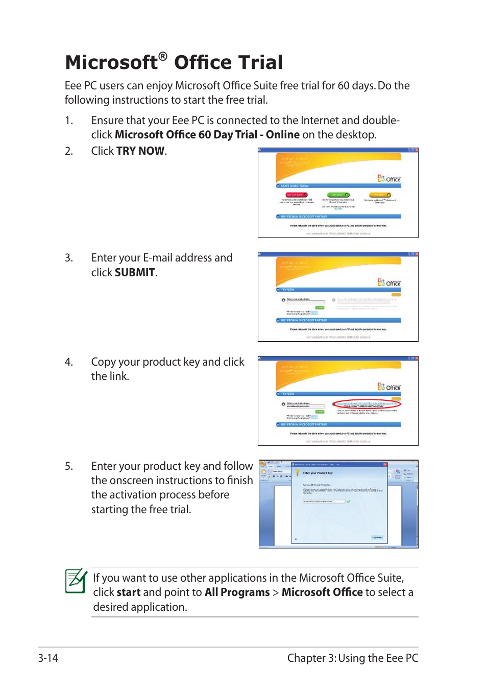 Microsoft® office trial, Microsoft, Office trial -14 | Office trial | Asus Eee PC T101MT User Manual | Page 48 / 68