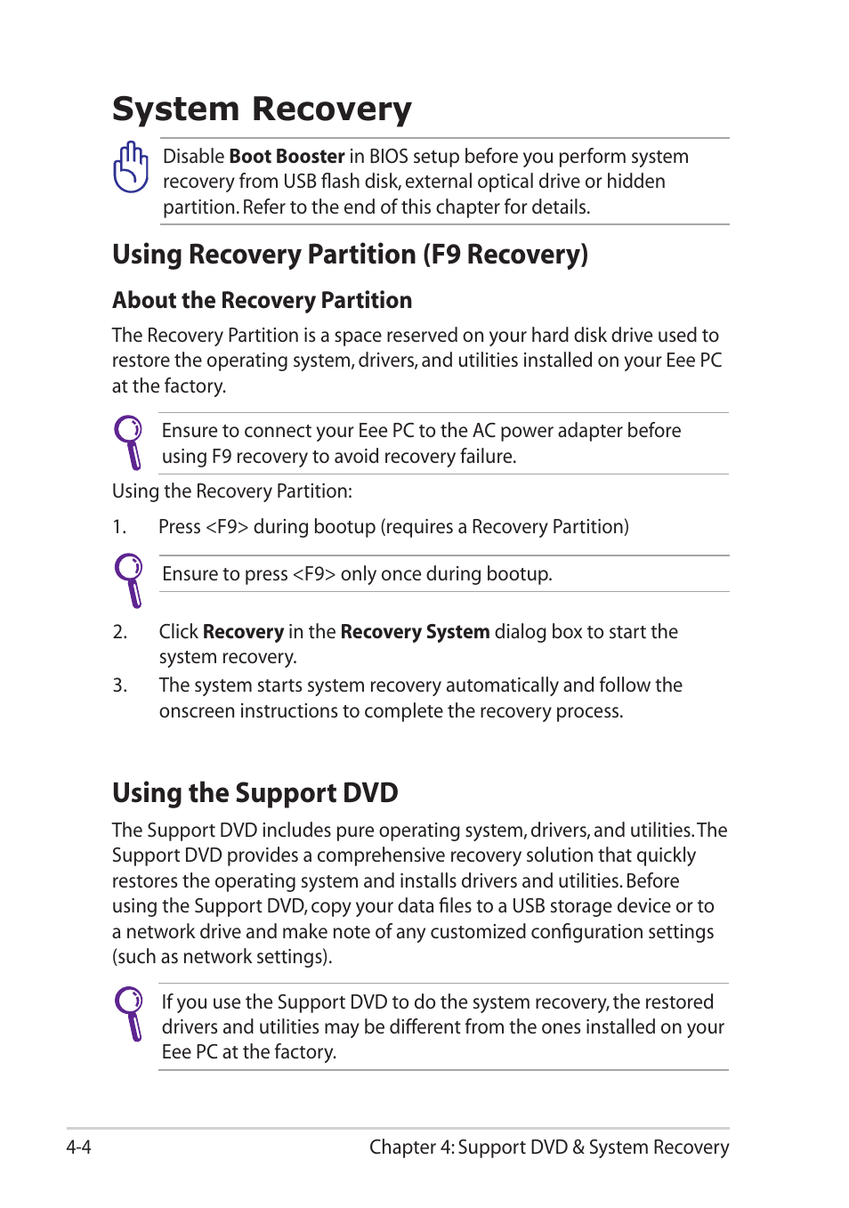 System recovery, Using recovery partition (f9 recovery), Using the support dvd | System recovery -4 | Asus Eee PC T101MT User Manual | Page 52 / 68