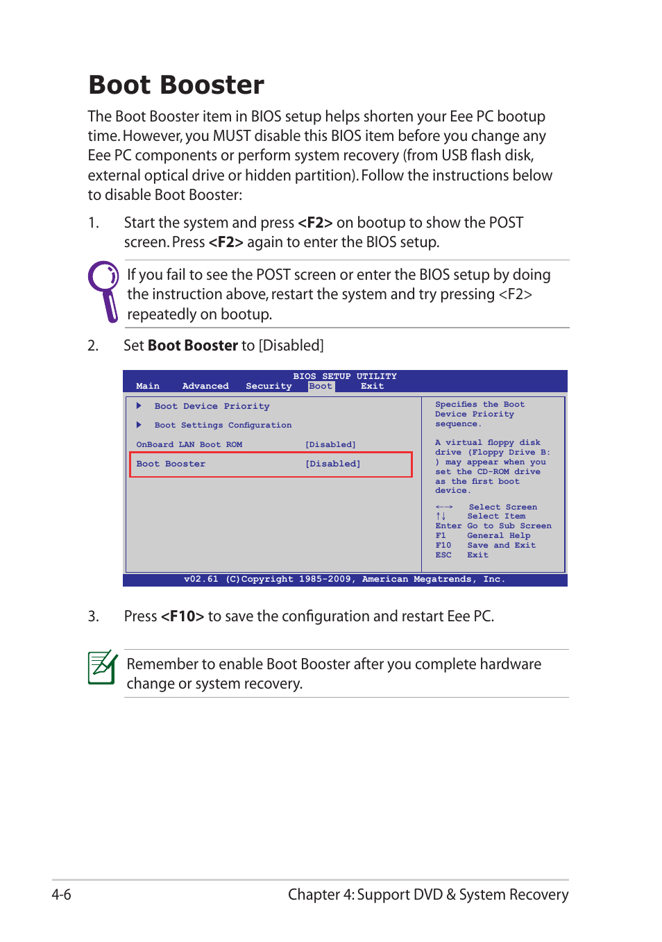 Boot booster, Boot booster -6, Chapter 4: support dvd & system recovery 4-6 | Set boot booster to [disabled | Asus Eee PC T101MT User Manual | Page 54 / 68