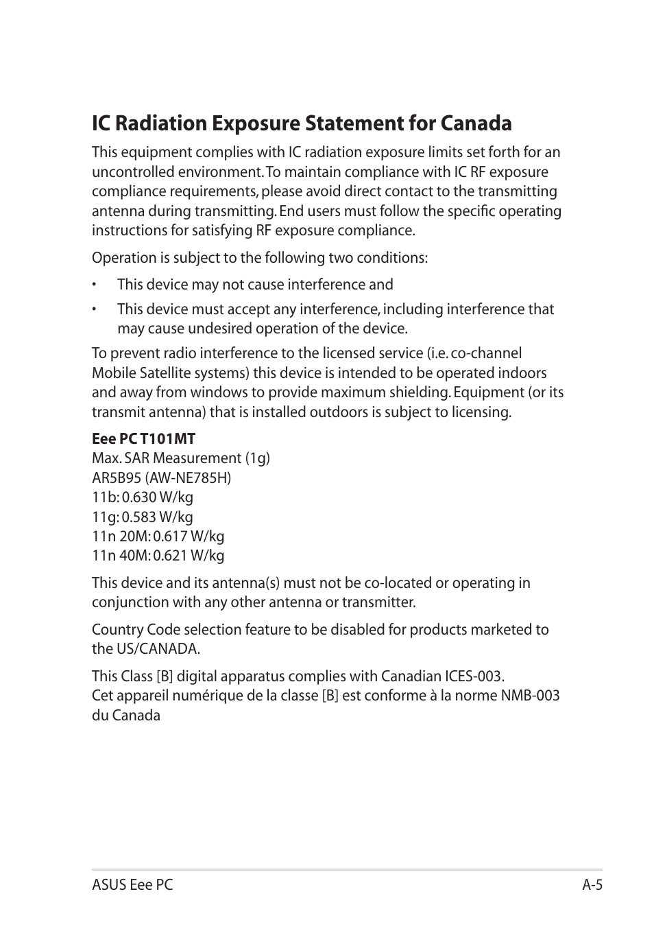 Ic radiation exposure statement for canada | Asus Eee PC T101MT User Manual | Page 59 / 68