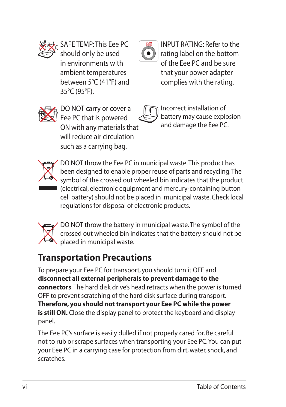 Transportation precautions | Asus Eee PC T101MT User Manual | Page 6 / 68