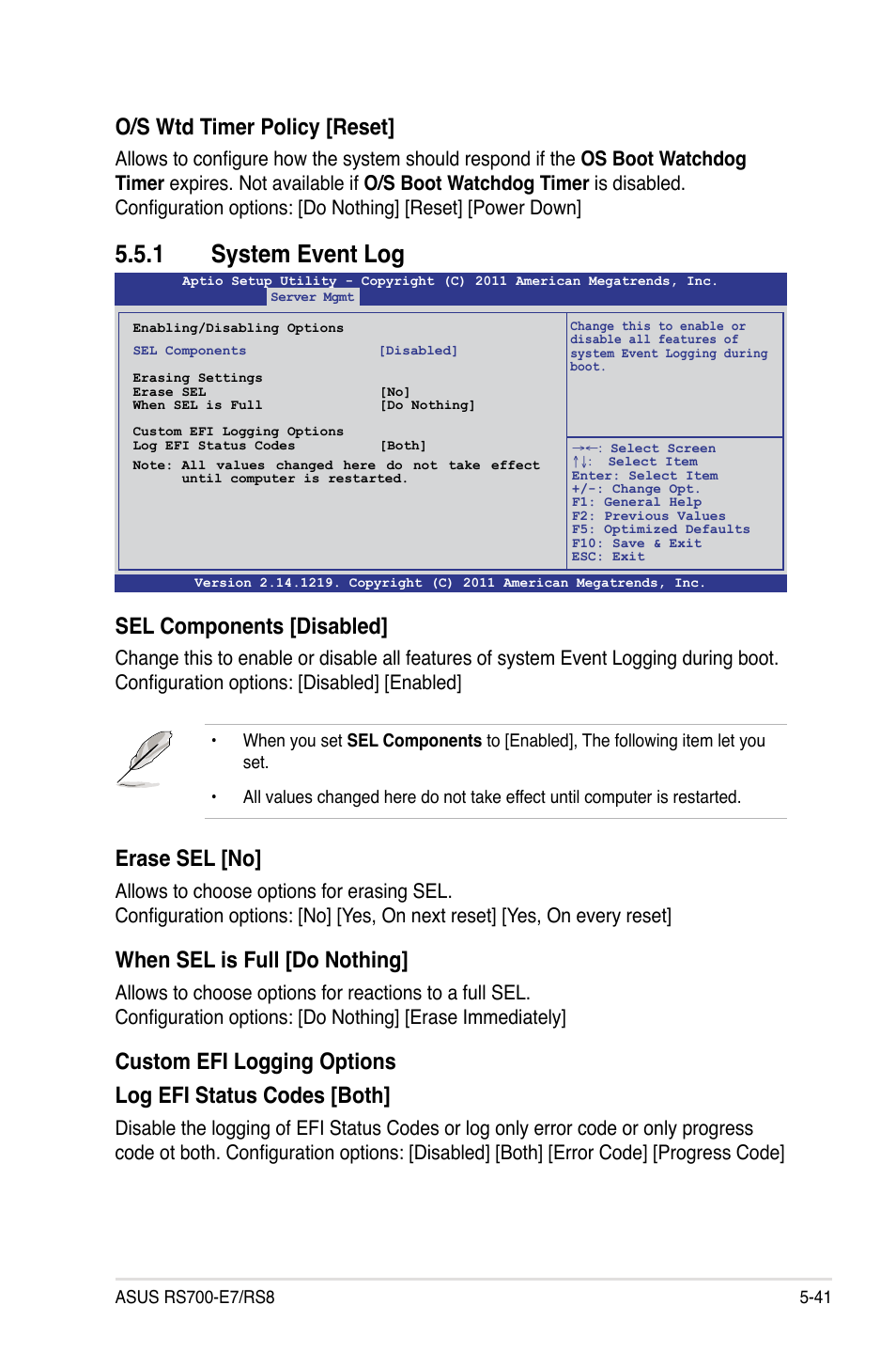 1 system event log, System event log -41, O/s wtd timer policy [reset | Sel components [disabled, Erase sel [no, When sel is full [do nothing | Asus RS700-E7/RS8 User Manual | Page 105 / 194