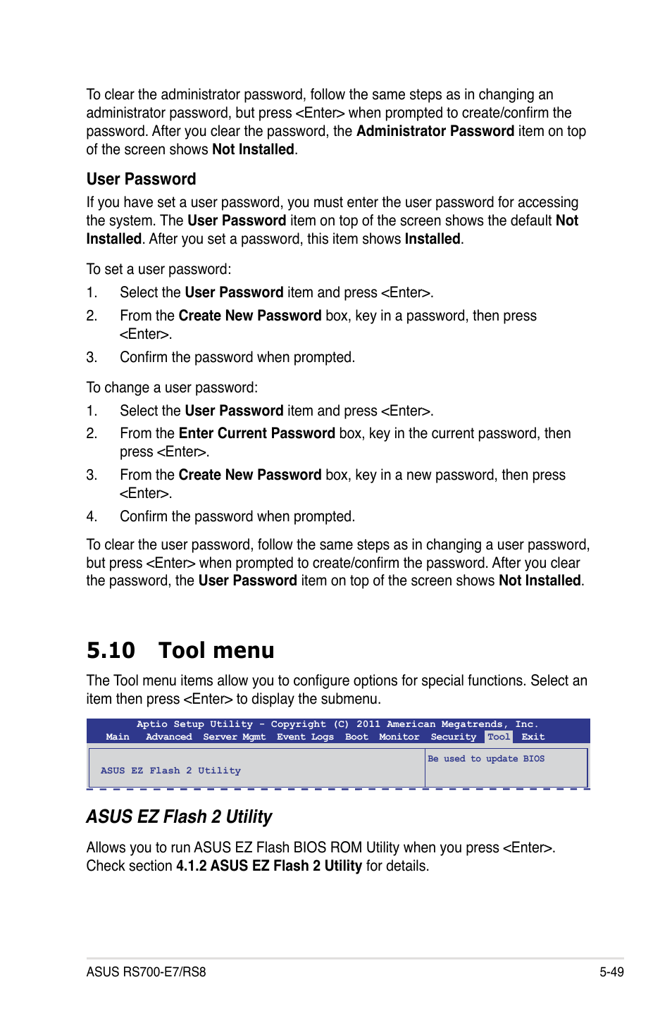 10 tool menu, 10 tool menu -49, Asus ez flash 2 utility | User password | Asus RS700-E7/RS8 User Manual | Page 113 / 194