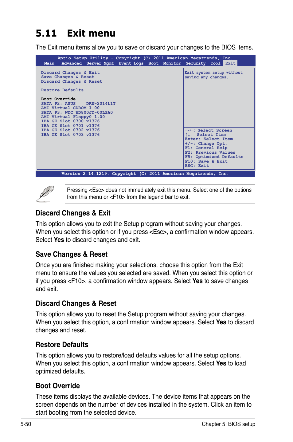 11 exit menu, 11 exit menu -50, Discard changes & exit | Save changes & reset, Discard changes & reset, Restore defaults, Boot override | Asus RS700-E7/RS8 User Manual | Page 114 / 194