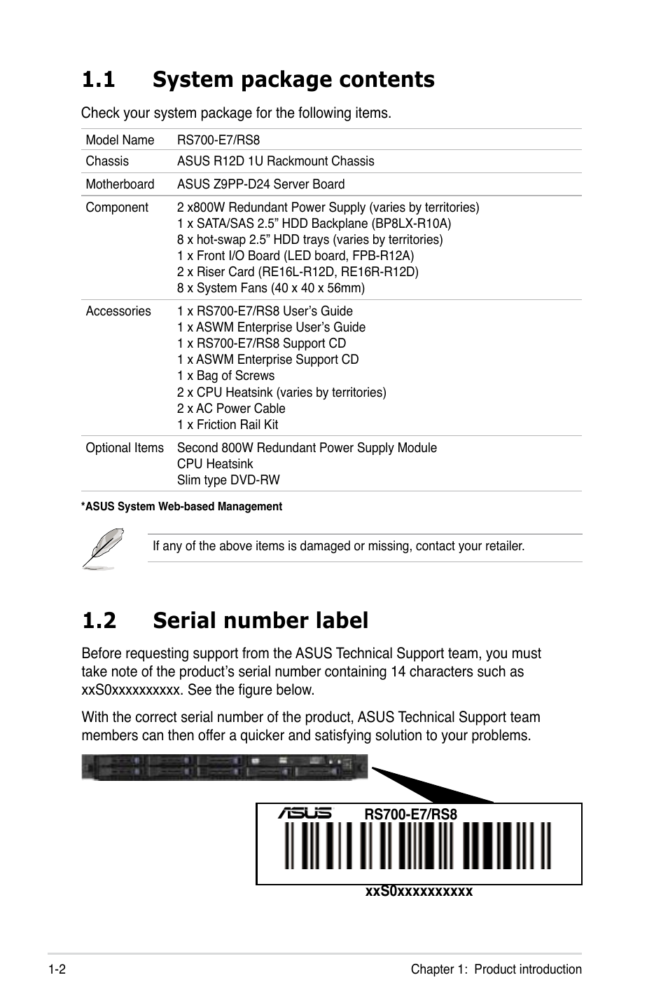 1 system package contents, 2 serial number label, System package contents -2 | Serial number label -2 | Asus RS700-E7/RS8 User Manual | Page 12 / 194