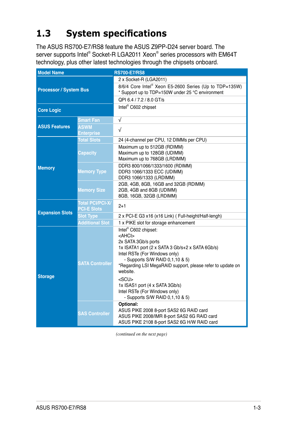 3 system specifications, System specifications -3, Socket-r lga2011 xeon | Asus RS700-E7/RS8 User Manual | Page 13 / 194