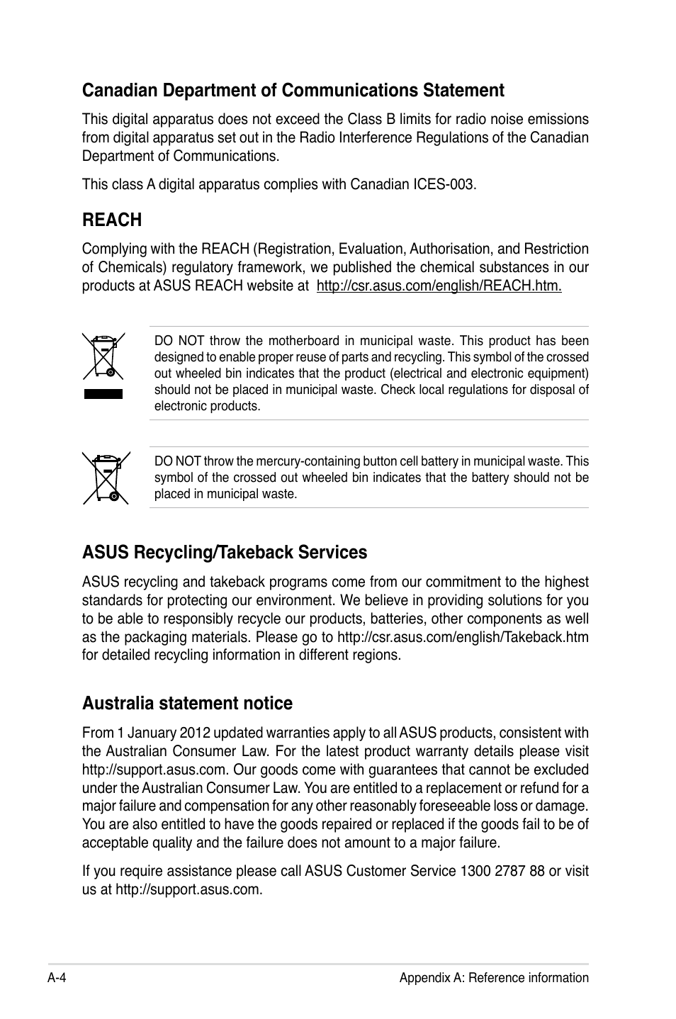 Canadian department of communications statement, Reach, Asus recycling/takeback services | Australia statement notice | Asus RS700-E7/RS8 User Manual | Page 190 / 194