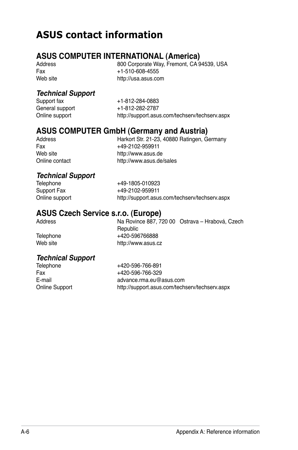 Asus contact information, Asus computer international (america), Asus computer gmbh (germany and austria) | Asus czech service s.r.o. (europe), Technical support | Asus RS700-E7/RS8 User Manual | Page 192 / 194