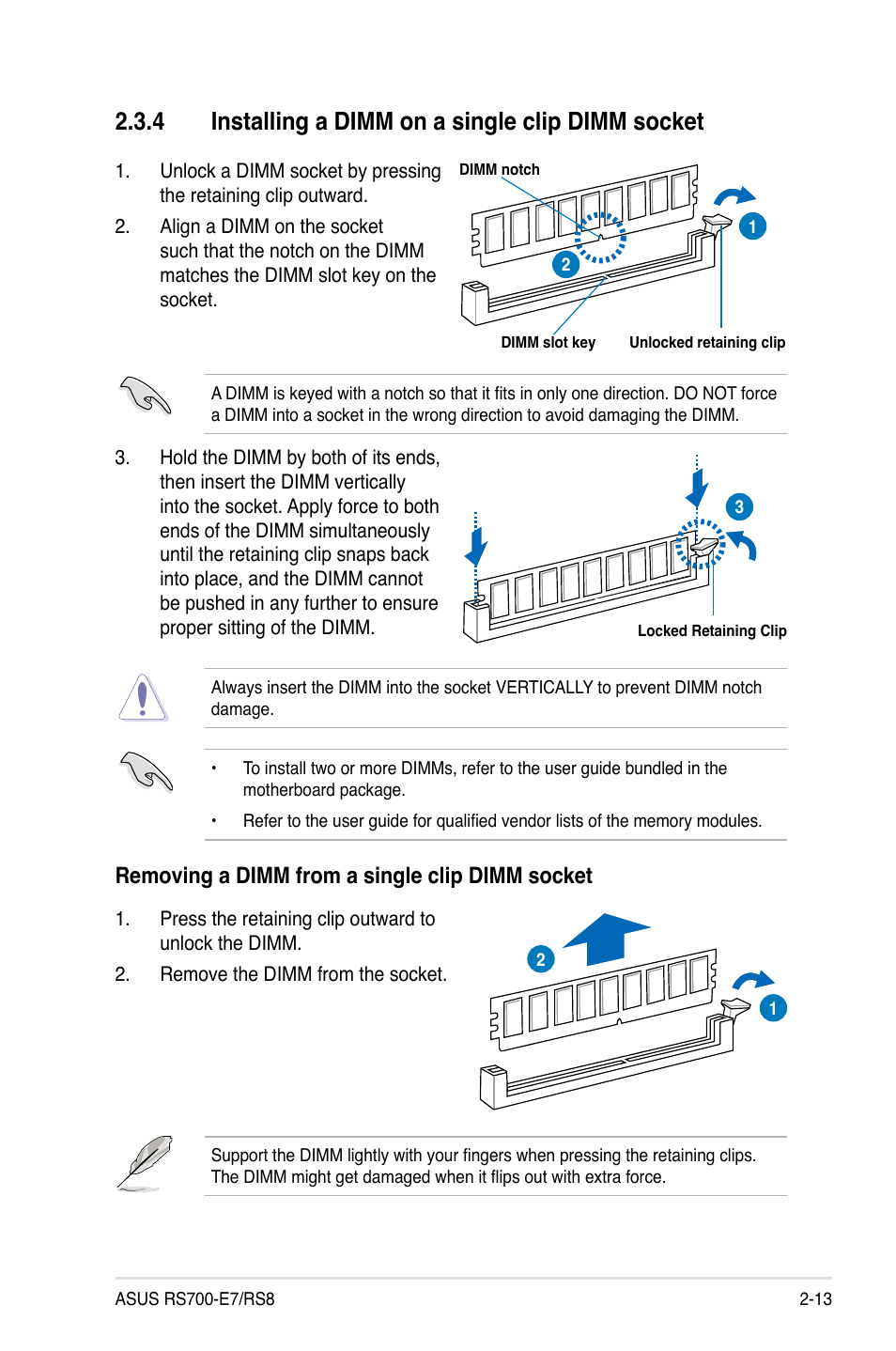 4 installing a dimm on a single clip dimm socket, Installing a dimm on a single clip dimm socket -13, Removing a dimm from a single clip dimm socket | Asus RS700-E7/RS8 User Manual | Page 31 / 194