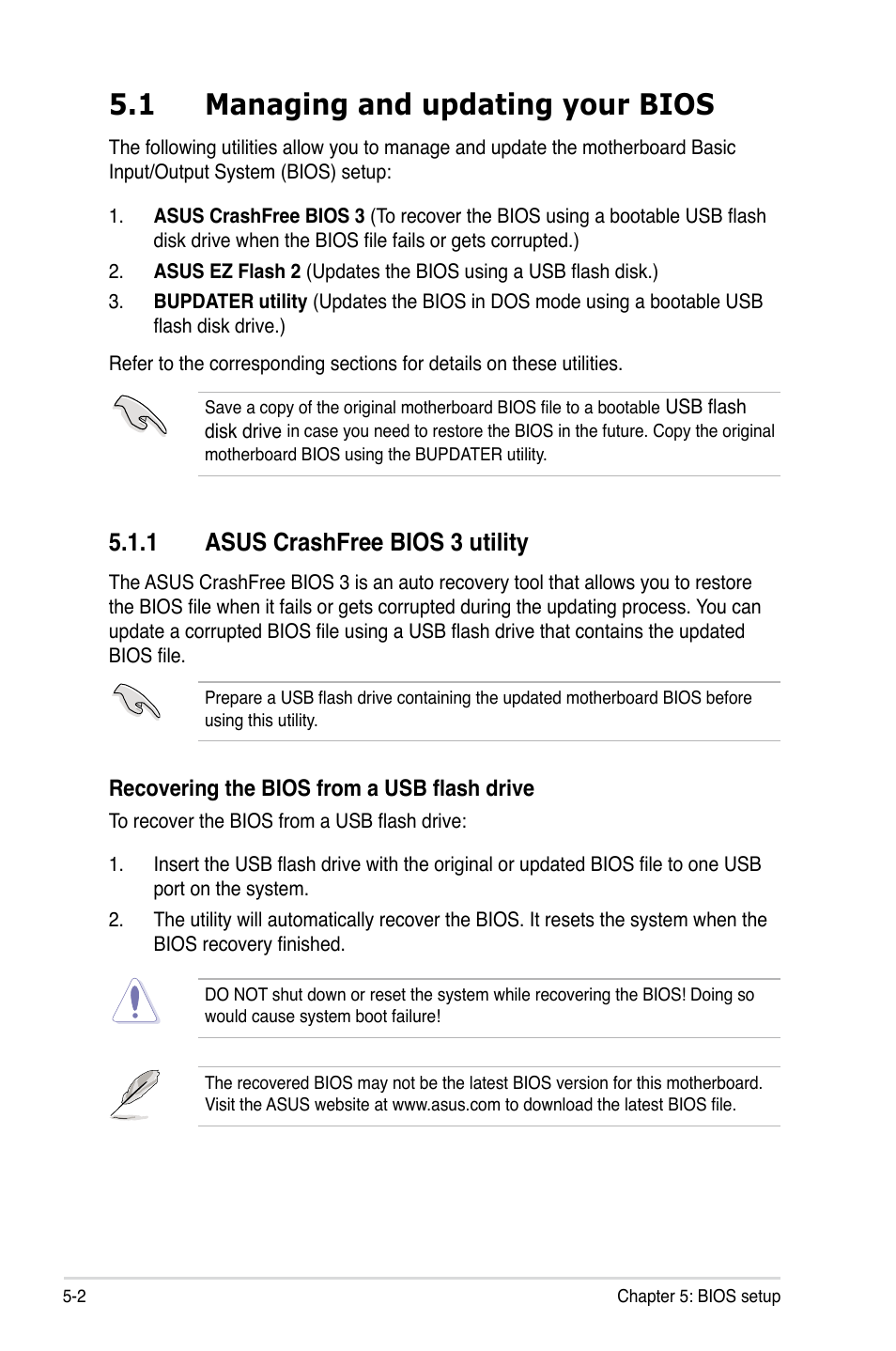 1 managing and updating your bios, 1 asus crashfree bios 3 utility, Managing and updating your bios -2 5.1.1 | Asus crashfree bios 3 utility -2 | Asus RS700-E7/RS8 User Manual | Page 66 / 194