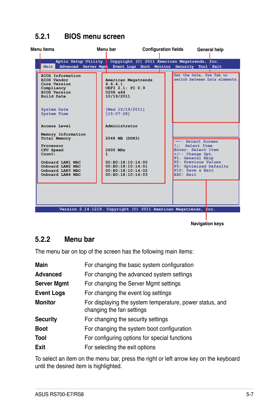 1 bios menu screen, 2 menu bar, Bios menu screen -7 | Menu bar -7 | Asus RS700-E7/RS8 User Manual | Page 71 / 194