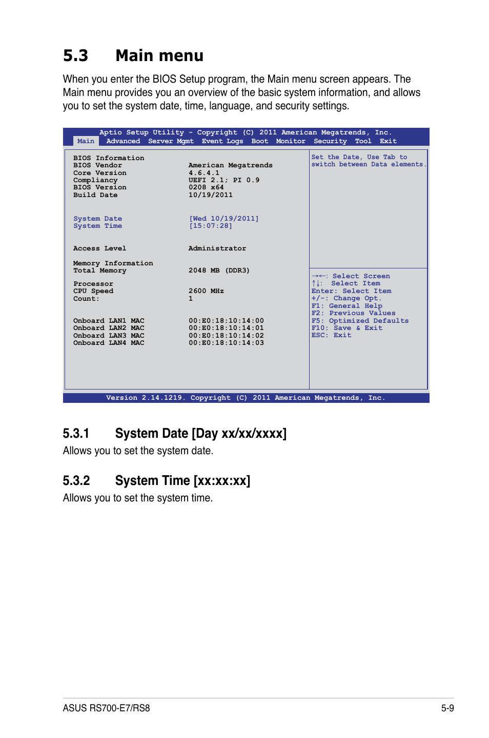 3 main menu, 1 system date [day xx/xx/xxxx, 2 system time [xx:xx:xx | Main menu -9 5.3.1, System date -9, System time -9, Allows you to set the system date, Allows you to set the system time | Asus RS700-E7/RS8 User Manual | Page 73 / 194