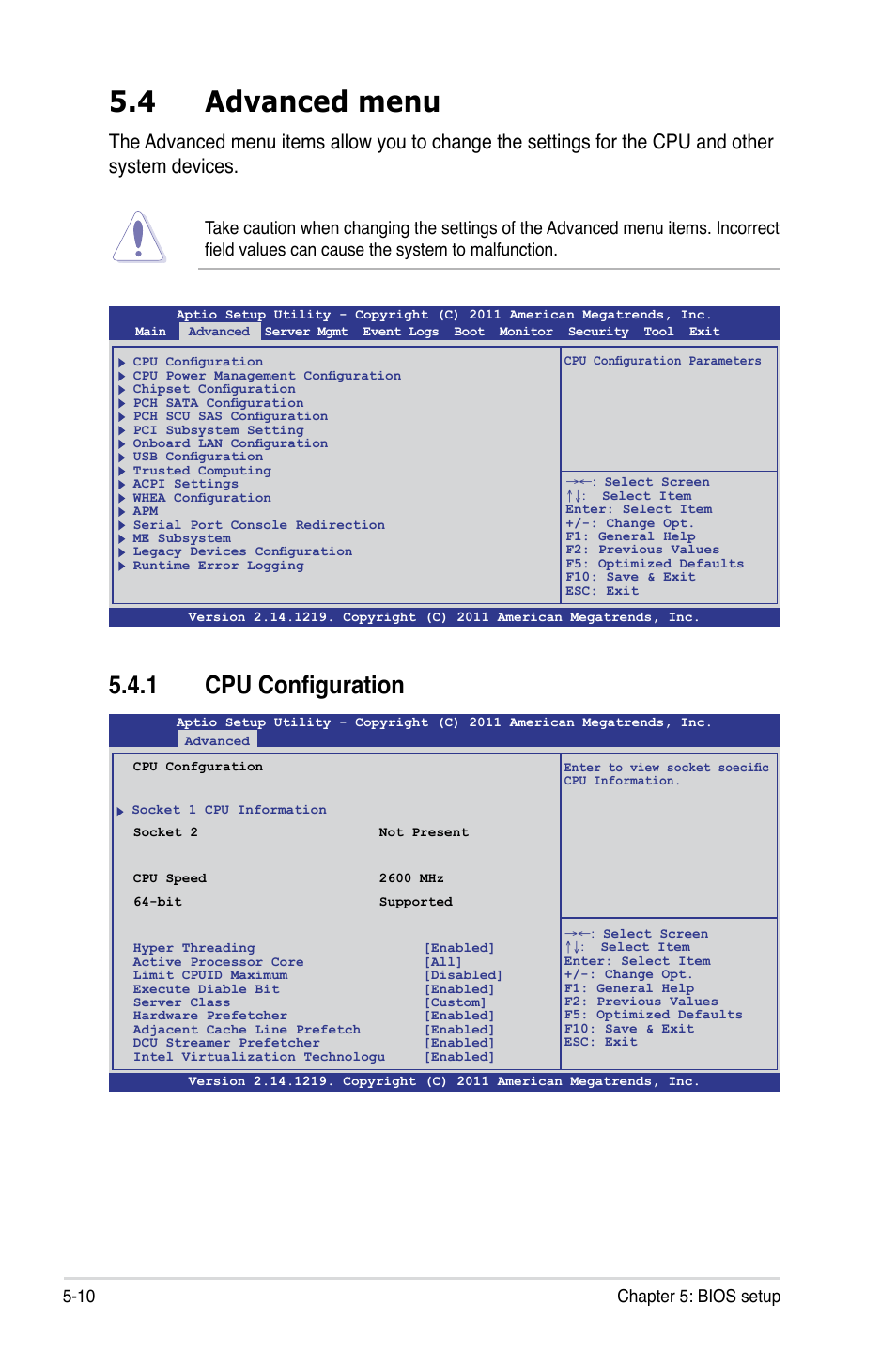 4 advanced menu, 1 cpu configuration, Advanced menu -10 5.4.1 | Cpu configuration -10, 10 chapter 5: bios setup | Asus RS700-E7/RS8 User Manual | Page 74 / 194