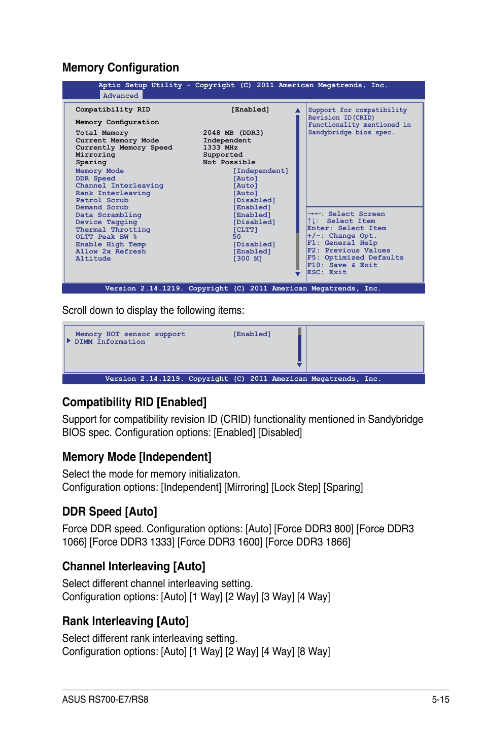 Compatibility rid [enabled, Ddr speed [auto, Channel interleaving [auto | Rank interleaving [auto, Scroll down to display the following items | Asus RS700-E7/RS8 User Manual | Page 79 / 194