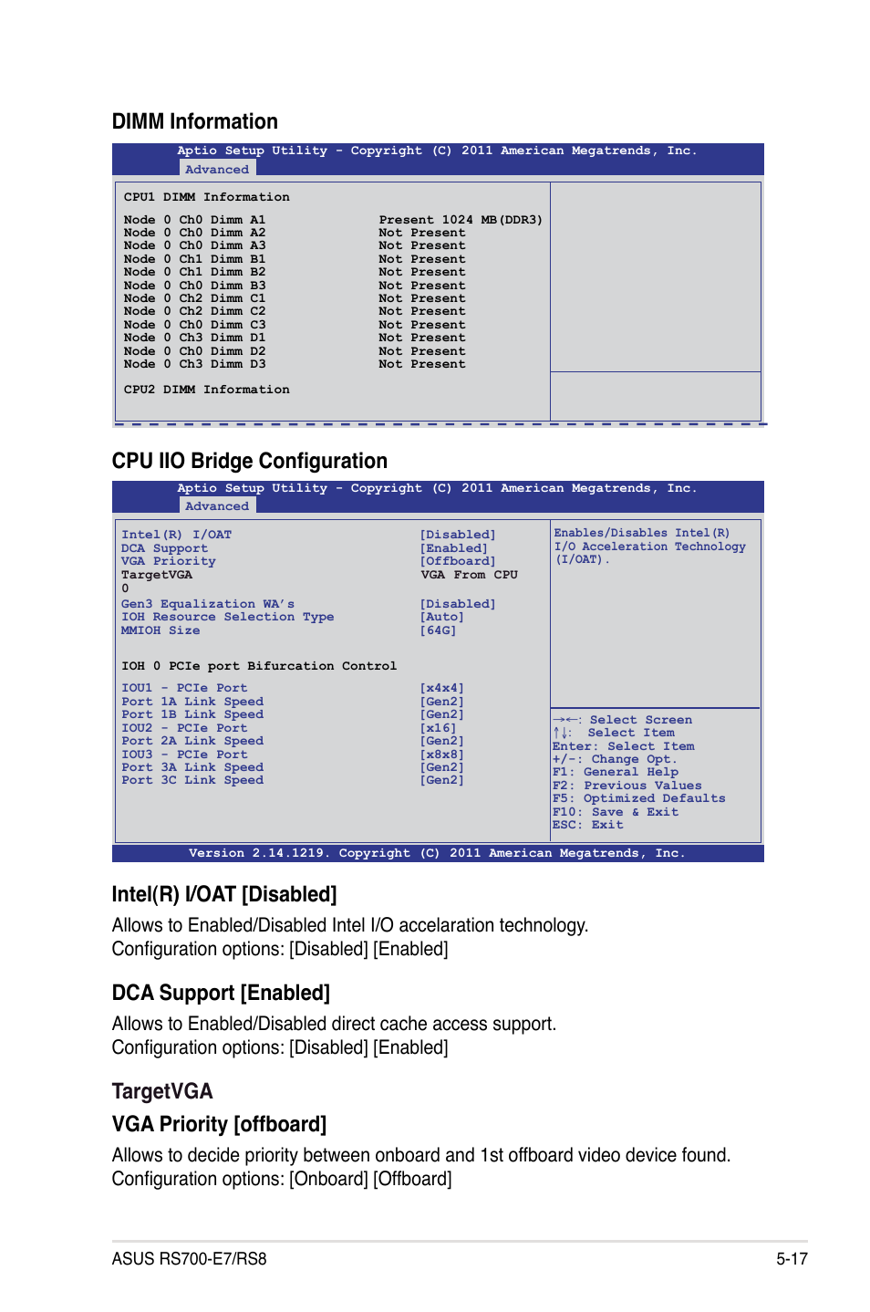Intel(r) i/oat [disabled, Dca support [enabled, Targetvga vga priority [offboard | Cpu iio bridge configuration, Dimm information | Asus RS700-E7/RS8 User Manual | Page 81 / 194