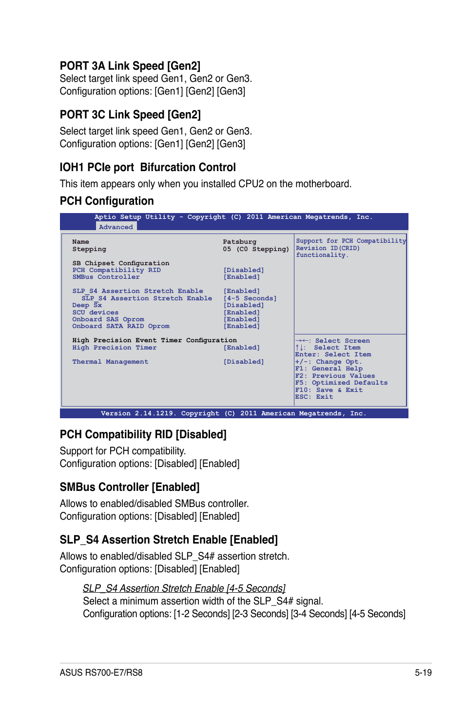 Pch configuration pch compatibility rid [disabled, Smbus controller [enabled, Slp_s4 assertion stretch enable [enabled | Port 3a link speed [gen2, Port 3c link speed [gen2, Ioh1 pcie port bifurcation control | Asus RS700-E7/RS8 User Manual | Page 83 / 194