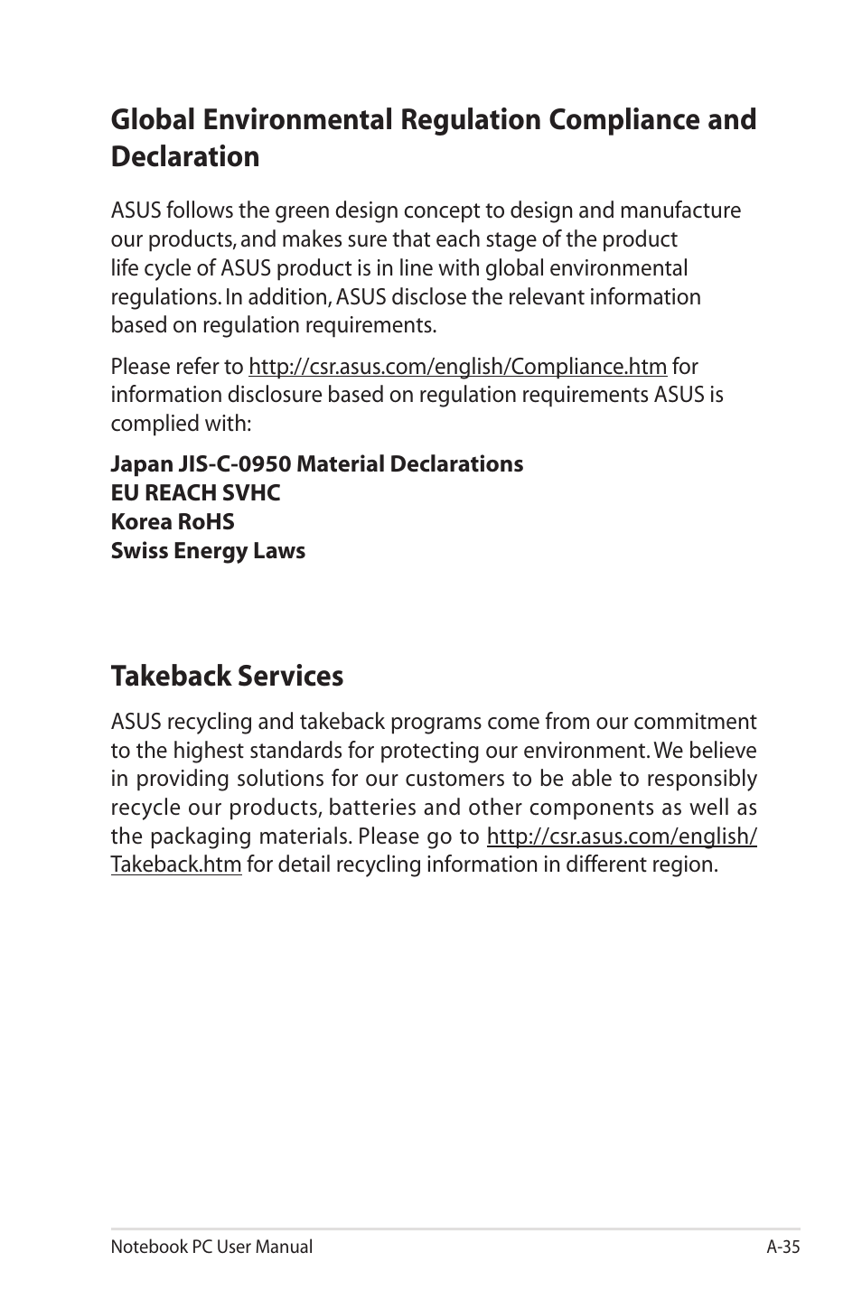 Takeback services, Global environmental regulation compliance and | Asus U45JC User Manual | Page 109 / 114