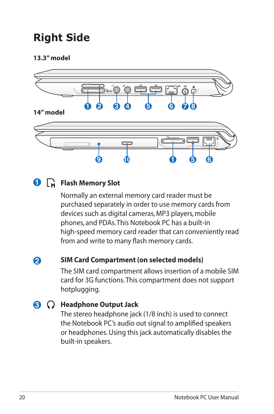 Right side | Asus U45JC User Manual | Page 20 / 114