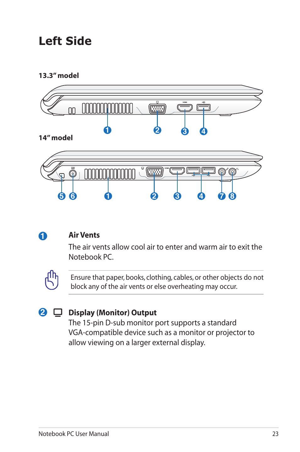 Left side | Asus U45JC User Manual | Page 23 / 114