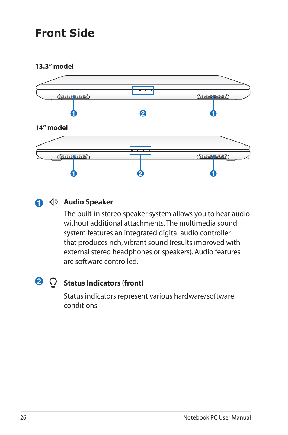 Front side | Asus U45JC User Manual | Page 26 / 114