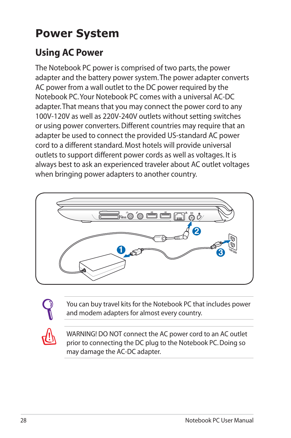 Power system, Using ac power | Asus U45JC User Manual | Page 28 / 114