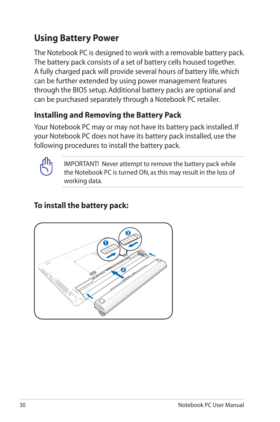 Using battery power, Installing and removing the battery pack | Asus U45JC User Manual | Page 30 / 114