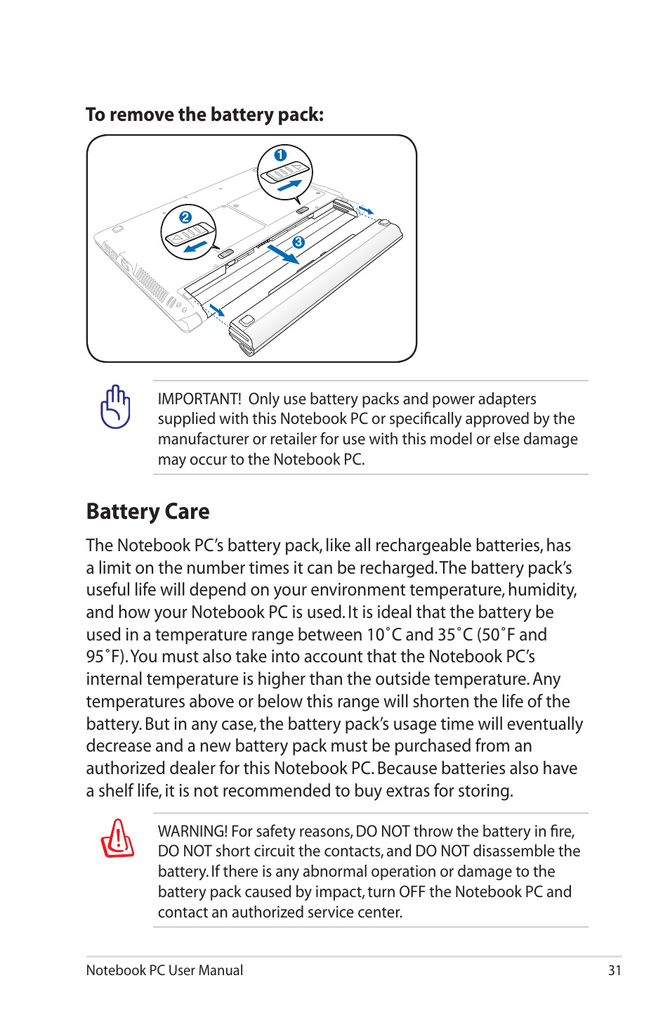 Battery care | Asus U45JC User Manual | Page 31 / 114