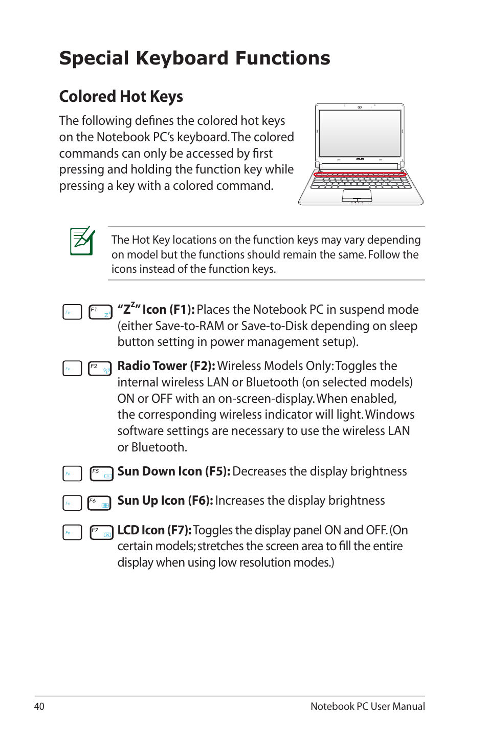 Special keyboard functions, Colored hot keys | Asus U45JC User Manual | Page 40 / 114