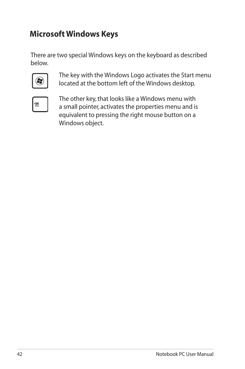 Microsoft windows keys | Asus U45JC User Manual | Page 42 / 114